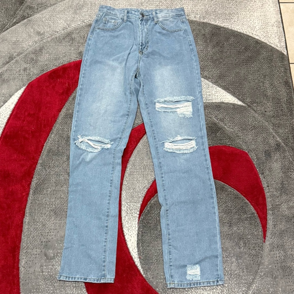 SHEIN Blue Straight Leg Distressed Jeans
